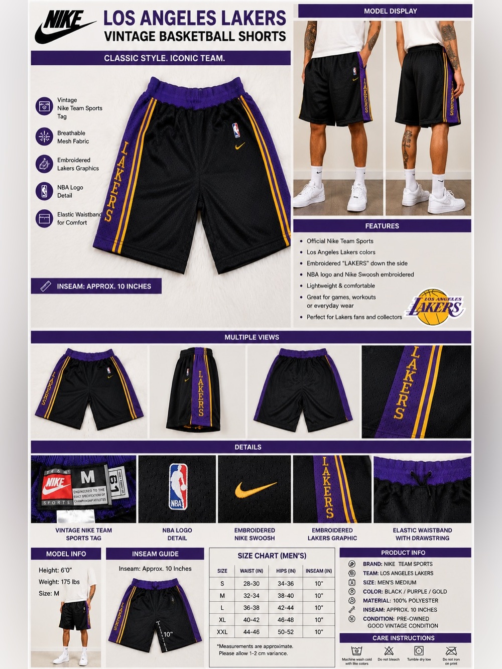 VTG Nike Team Sports NBA LA Lakers Mesh Basketball Shorts Men’s M Black Purple